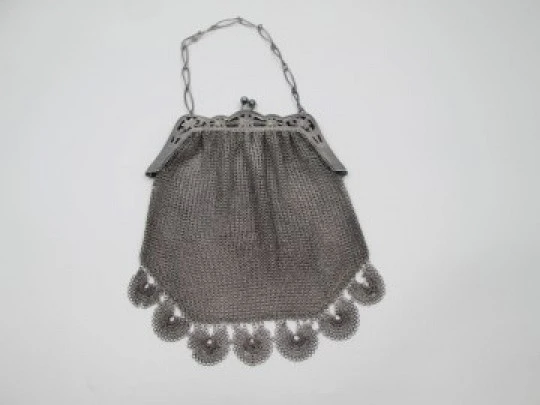 Sterling silver mesh bag. Openwork lobed clutch frame. Flowers chiseled. Europe