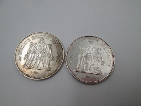 Two coins 50 francs French Republic. Sterling silver. Hercules (Augustin Dupré). 1977-78