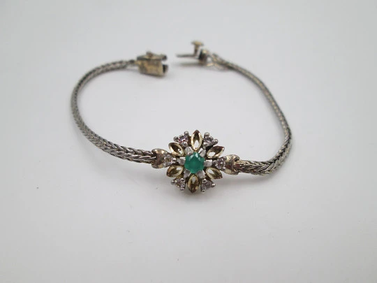 Wedding bracelet. Silver & vermeil. White sapphires and green gem rosette. Tab clasp