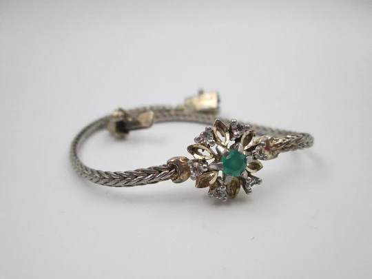 Wedding bracelet. Silver & vermeil. White sapphires and green gem rosette. Tab clasp