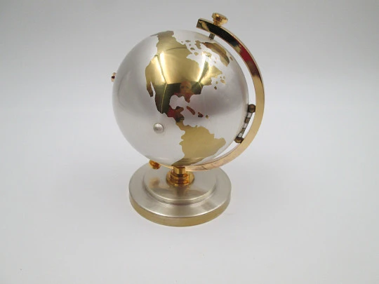 Windmill world globe alarm wind up clock. Bitone metal. Pedestal plinth. Japan. 1960's