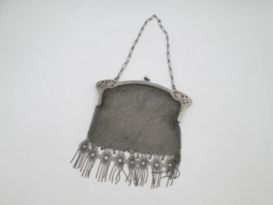 Women's mesh bag with chain. Openwork clutch frame and fringed end. Sterling silver