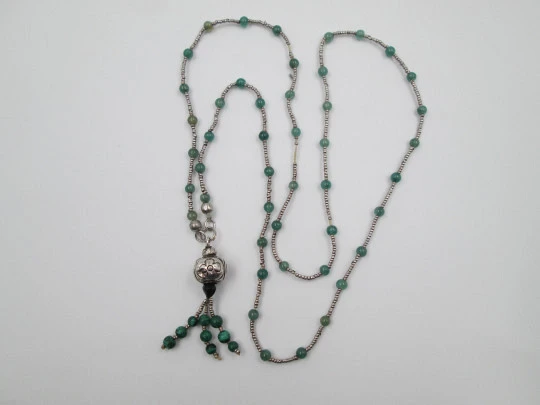 Women's necklace. Sterling silver and green stones. Malachite fringe ball pendant. 1980's