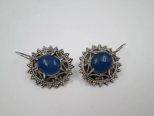 Women's oval earrings. 925 sterling silver and blue stones. Hook clasp. 1980's. Europe